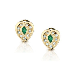 18kt Yellow Gold Green Emerald and Diamond Heart Earrings.