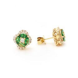 Green Garnet & Round Brilliant Cut Diamond Gold Earrings