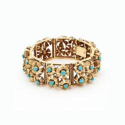 14 Karat Yellow Gold and Turquoise Flower Bracelet