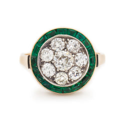Art Deco Diamond And Green Emerald Target Cluster Ring