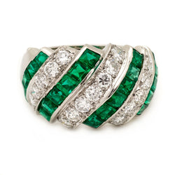 Green Emerald And Diamond Platinum Band Ring