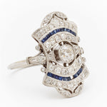 Art Deco Elongated  Diamond & Sapphire Platinum Ring
