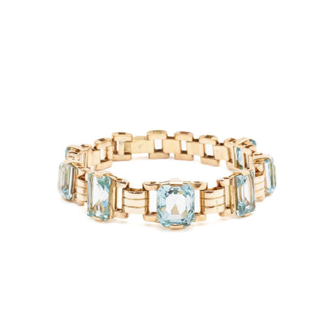 Retro Emerald Cut Aquamarine and Pink Gold Bracelet