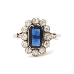 Vintage Oval Sapphire & Diamond Platinum Cluster Ring