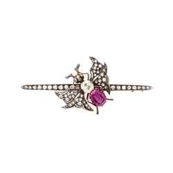 Vintage Rose-Cut & Mine-Cut Diamond & Ruby Butterfly Brooch