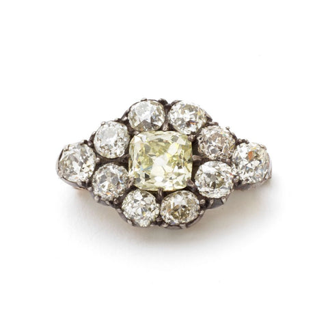 Victorian Old-Cushion Cut Diamond Cluster Gold Brooch