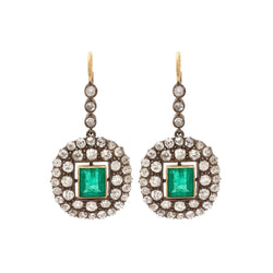 Victorian Green Emerald & Old-Mine Cut Diamond Drop Earrings