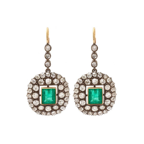 Victorian Green Emerald & Old-Mine Cut Diamond Drop Earrings