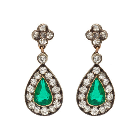 Early-Victorian Green Emerald & Diamond Drop Earrings