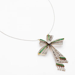Edwardian Old-Cut Diamond & Green Emerald Bow Pendant