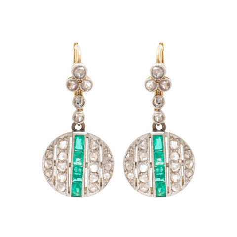 Vintage Old-Rose Cut Diamond & Green Emerald Earrings