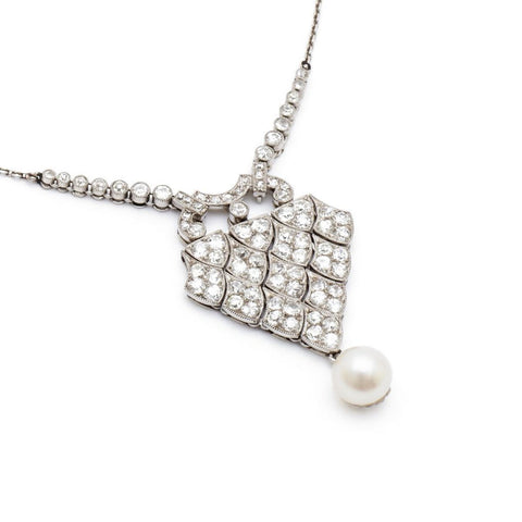 Art Deco Old European Cut Diamond & Pearl Mesh Drop Pendant