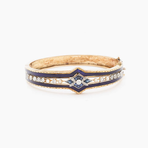 Vintage Edwardian Pearl, Sapphire, Diamond & Enamel Bangle