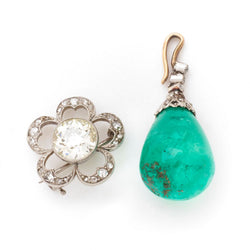 Vintage Edwardian Diamond and Emerald Platinum Flower Brooch