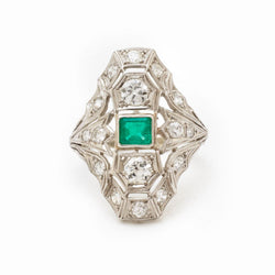 Edwardian Green Emerald & Diamond Platinum Ring