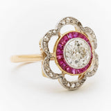 Vintage Edwardian European Cut Diamond & Ruby Flower Ring