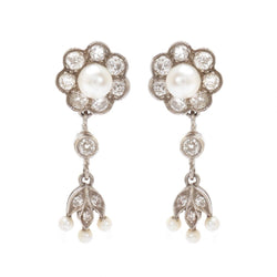 Vintage Edwardian Pearl & Diamond White Gold Drop Earrings