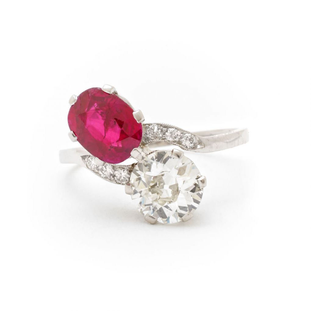 Vintage European Cut Diamond & Burma Ruby Cross Over Ring | Van Rijk ...