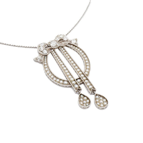Victorian Large Old Mine Cut Diamond & Natural Pearl Bow Pendant