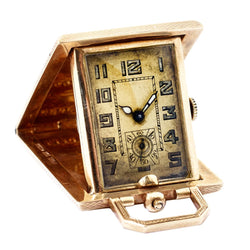Eszeha Art Deco Etched 14 Karat Yellow Gold Travel Clock