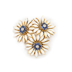 White Enamel, Sapphire & Diamond Flower Brooch